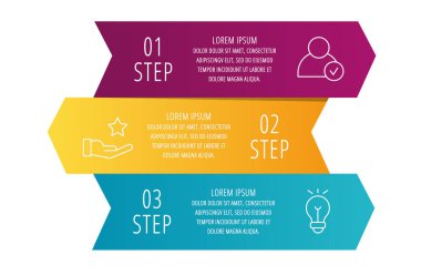 Modern 3D vektör illüstrasyon. Üç oklar, metin ile Infographic şablonu. Step adım. İş, sunum, web tasarımı, diyagramları, 3 adımda eğitim için tasarlandı