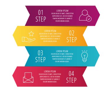 Modern 3D vektör illüstrasyon. Dört oklar, metin ile Infographic şablonu. Step adım. İş, sunum, web tasarımı, diyagramları, 4 adımda eğitim için tasarlandı