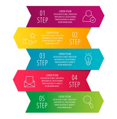 Modern 3d illüstrasyon vektör. Beş oklar, metin Infographic şablonu. Adım adım. İş, sunumlar, web tasarım, diyagramları, eğitim ile 5 adım için tasarlanmış