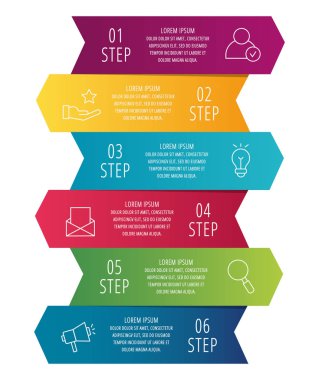 Modern 3d illüstrasyon vektör. Altı oklar, metin Infographic şablonu. Adım adım. İş, sunumlar, web tasarım, diyagramları, 6 adımlar ile eğitim için tasarlanmış