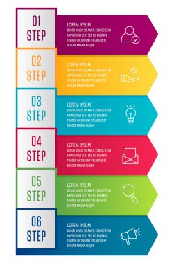 Modern 3d illüstrasyon vektör. Altı oklar, metin Infographic şablonu. Adım adım. İş, sunumlar, web tasarım, diyagramları, 6 adımlar ile eğitim için tasarlanmış