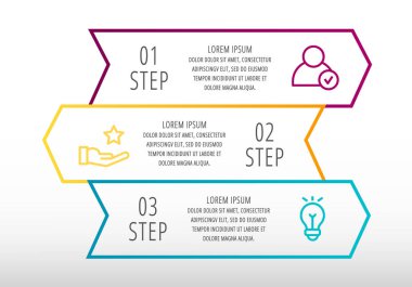Modern çizgi vektör Illustration. Üç oklar, metin ile Infographic şablonu. Step adım. İş, sunum, web tasarımı, diyagramları, 3 adımda eğitim için tasarlandı