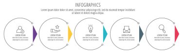 Çağdaş çizgi vektör çizim. Infographic şablonu altı öğeleri, sektörler, simgeleri ile daireler. İş, sunumlar, web tasarım, arayüzü, iş akışı düzeni, 6 adımlar ile diyagramları için tasarlanmış