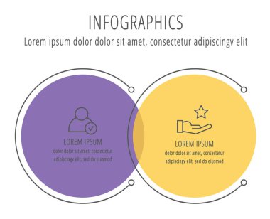 Modern vektör çizim. Infographic daireler şablonuyla iki öğe, sektörler, simgeler. İş, sunumlar, web tasarım, arayüzü, iş akışı düzeni, 2 adım diyagramları için tasarlanmış