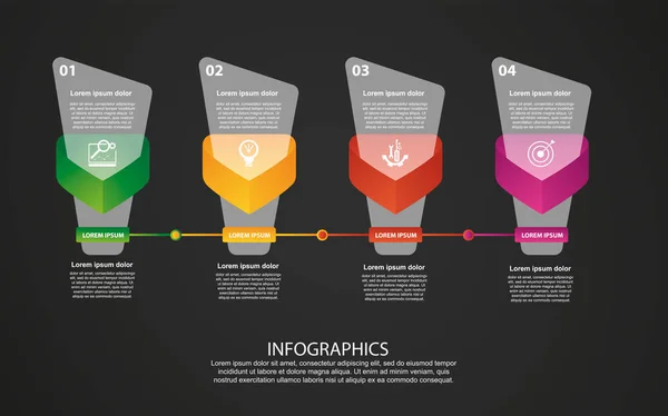 Illustration vectorielle 3D moderne. Modèle infographique d'étiquette de pétale avec quatre éléments et triangle. Conçu pour les entreprises, les présentations, la mise en page du flux de travail, les diagrammes en 4 étapes sur un fond sombre — Image vectorielle