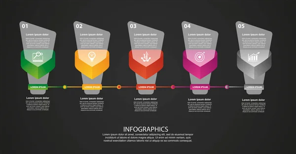 Moderna illustrazione vettoriale 3D. Modello infografico a etichetta petalo con cinque elementi e triangolo. Progettato per aziende, presentazioni, layout del flusso di lavoro, 5 diagrammi passo su uno sfondo scuro — Vettoriale Stock