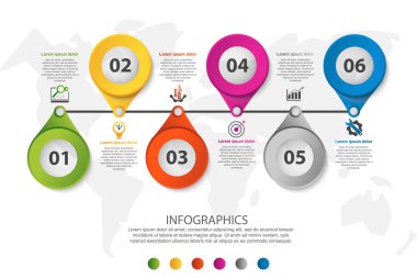 Modern 3d illüstrasyon vektör. Dairesel Infographic şablonu altı öğeler ve simgeler. İş, sunumlar, web tasarım, uygulamaları, arabirimleri, 6 adımlar ile diyagramları için tasarlanmış zaman çizelgesi