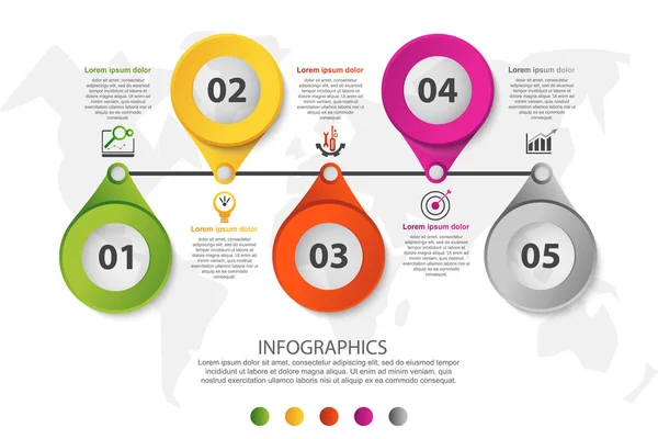 Ilustración moderna de vectores 3D. Plantilla de infografía circular con cinco elementos e iconos. Línea de tiempo diseñada para negocios, presentaciones, diseño web, aplicaciones, interfaces, diagramas con 5 pasos — Archivo Imágenes Vectoriales