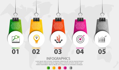Modern 3d illüstrasyon vektör. Infographic şablon beş elemanları, simgeler, klipleri ile daireler. Adım adım iş, sunumlar, web tasarımı, arayüz, iş akışı, diyagramları ile 5 adım için tasarlanmış