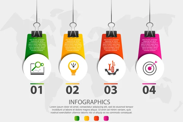 Ilustração vetorial 3D moderna. Modelo de círculos infográficos com quatro elementos, ícones, clipes. Passo a passo projetado para negócios, apresentações, web design, interface, fluxo de trabalho, diagramas com 4 passos — Vetor de Stock