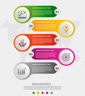 Modern 3d illüstrasyon vektör. Dairesel Infographic şablonuyla beş öğeler ve simgeler. İş, sunumlar, web tasarım, uygulamaları, arabirimleri, 5 adım diyagramları için tasarlanmış zaman çizelgesi