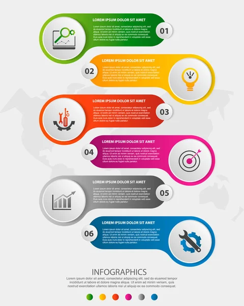 Ilustração vetorial 3D moderna. Modelo de infográfico circular com seis elementos e ícones. Linha do tempo projetada para negócios, apresentações, web design, aplicações, interfaces, diagramas com 6 etapas — Vetor de Stock