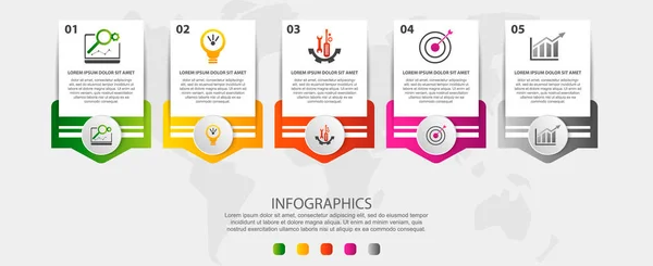 Moderne Vectorillustratie Infographic Sjabloon Met Vijf Elementen Cirkels Tekst Stap — Stockvector