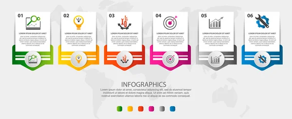 Moderne Vektorillustration. Infografik-Vorlage mit sechs Elementen, Kreisen und Text. Schritt für Schritt. entwickelt für Business, Präsentationen, Webdesign, Diagramme mit 6 Schritten — Stockvektor