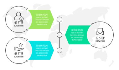 Modern vektör düz çizim. Infographic şablonu üç elemanları, şekiller, simgeleri ile daireler. İş, sunumlar, web tasarım, arayüzü, eğitim, 3 adımda diyagramları için tasarlanmış zaman çizelgesi