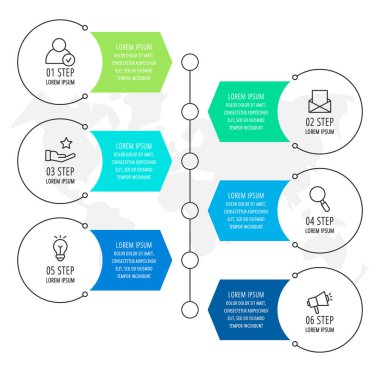 Modern vektör düz çizim. Infographic şablonu altı öğeleri, şekiller, simgeleri ile daireler. İş, sunumlar, web tasarım, arayüzü, eğitim, 6 adımlar ile diyagramları için tasarlanmış zaman çizelgesi