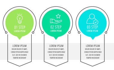 Modern vektör düz çizim. Infographic şablonu üç elemanları, şekiller, simgeleri ile daireler. İş, sunumlar, web tasarım, arayüzü, eğitim, 3 adımda diyagramları için tasarlanmış zaman çizelgesi