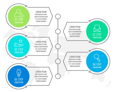 Modern vektör düz çizim. Infographic şablon beş elemanları, şekiller, simgeleri ile daireler. İş, sunumlar, web tasarım, arayüzü, eğitim, 5 adım diyagramları için tasarlanmış zaman çizelgesi