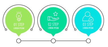 Modern vektör düz çizim. Infographic şablonu üç elemanları, şekiller, simgeleri ile daireler. İş, sunumlar, web tasarım, arayüzü, eğitim, 3 adımda diyagramları için tasarlanmış zaman çizelgesi