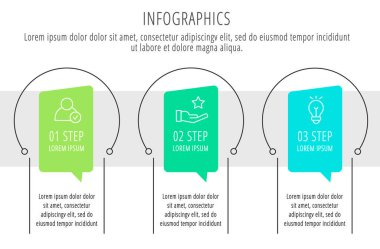 Modern vektör düz çizim. Infographic şablonu üç elemanları, şekiller, simgeleri ile daireler. İş, sunumlar, web tasarım, arayüzü, eğitim, 3 adımda diyagramları için tasarlanmış zaman çizelgesi