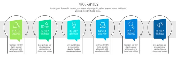 Moderní vektorové ilustrace plochý. Infografika kruhy šablony s šesti prvků, obrazců, ikony. Časová osa určené pro podnikání, prezentace, webdesign, rozhraní, vzdělání, diagramy s 6 kroků — Stockový vektor