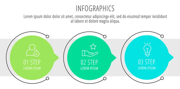 Çağdaş çizgi vektör çizim. Infographic şablonu üç elemanları, sektörler, simgeleri ile daireler. İş, sunumlar, web tasarım, iş akışı düzeni, 3 adımda diyagramları için tasarlanmış zaman çizelgesi