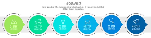 Современная векторная иллюстрация. Инфографический шаблон кругов с шестью элементами, секторами, иконками. Хронология, разработанная для бизнеса, презентаций, веб-дизайна, интерфейса, макета рабочего процесса, графиков с 6 шагами — стоковый вектор