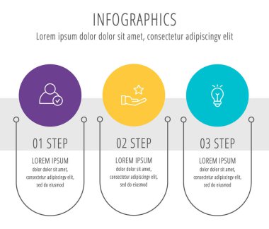 Modern vektör düz çizim. Infographic şablonu üç elemanları, şekiller, simgeleri ile daireler. İş, sunumlar, web tasarım, arayüzü, eğitim, 3 adımda diyagramları için tasarlanmış zaman çizelgesi