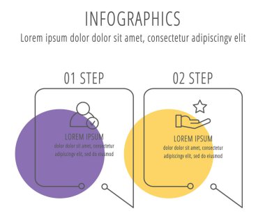 Modern vektör düz çizim. Infographic daireler şablonuyla iki öğe, şekiller, simgeler. İş, sunumlar, web tasarım, arayüzü, eğitim, 2 adım diyagramları için tasarlanmış zaman çizelgesi
