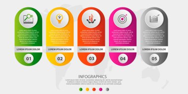 Modern 3d illüstrasyon vektör. Dairesel Infographic şablonuyla beş öğeler ve simgeler. İş, sunumlar, web tasarım, uygulamaları, arabirimleri, 5 adım diyagramları için tasarlanmış zaman çizelgesi