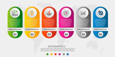 Modern 3d illüstrasyon vektör. Dairesel Infographic şablonu altı öğeler ve simgeler. İş, sunumlar, web tasarım, uygulamaları, arabirimleri, 6 adımlar ile diyagramları için tasarlanmış zaman çizelgesi