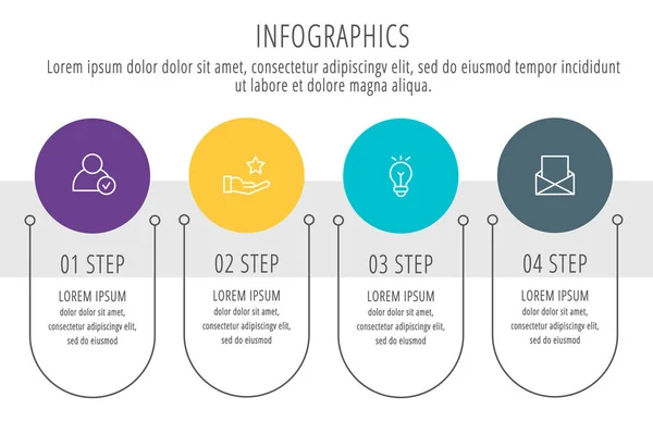 Modern vektör düz çizim. Infographic şablon dört öğeleri, şekiller, simgeleri ile daireler. İş, sunumlar, web tasarım, arayüzü, eğitim, 4 adımlar ile diyagramları için tasarlanmış zaman çizelgesi