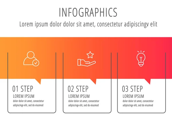 Linha moderna ilustração vetorial plana. Label modelo infográfico com três elementos e ícones. Projetado para negócios, apresentações, layout de fluxo de trabalho, educação e diagramas de 3 etapas — Vetor de Stock