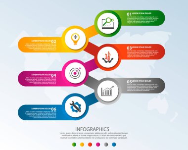 Modern 3d illüstrasyon vektör. Dairesel Infographic şablonu altı öğeler ve simgeler. İş, sunumlar, web tasarım, uygulamaları, arabirimleri, 6 adımlar ile diyagramları için tasarlanmış zaman çizelgesi