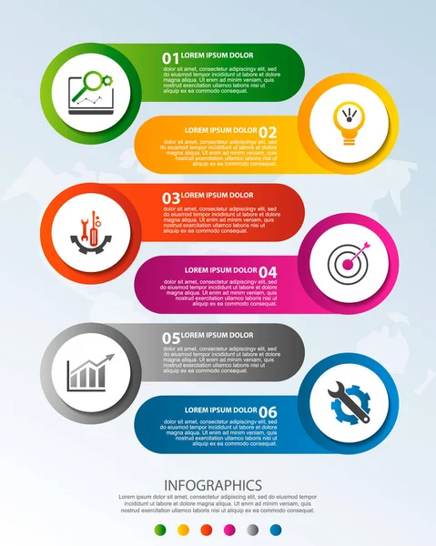 Moderne 3D-Vektorillustration. runde Infografik-Vorlage mit sechs Elementen und Symbolen. Zeitachse für Unternehmen, Präsentationen, Webdesign, Anwendungen, Schnittstellen, Diagramme mit 6 Schritten — Stockvektor