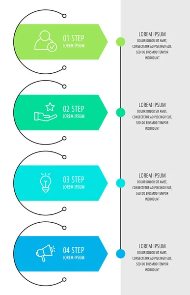 Moderní vektorová ukázka. Předloha infografických šipek se čtyřmi prvky, obrazci, ikonami. Časová osa navržená pro podnikání, prezentace, návrh webu, rozhraní, vzdělání, diagramy se 4 kroky — Stockový vektor