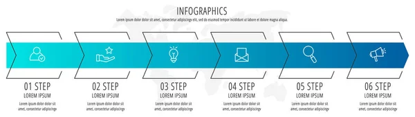 Nowoczesny wektor płaski ilustracji. Szablon strzałki infografiki z sześcioma elementami, kształtami, ikonami. Harmonogram przeznaczony dla biznesu, prezentacje, projektowanie stron internetowych, interfejs, edukacja, schematy z 6 kroków — Wektor stockowy