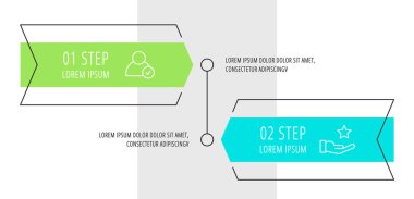 Modern vektör düz Illustration. Infographic okları iki öğe, şekiller, simgeler ile şablon. Zaman çizelgesi iş için tasarlanmış, sunumlar, Web tasarım, arayüz, eğitim, diyagramları 2 adım