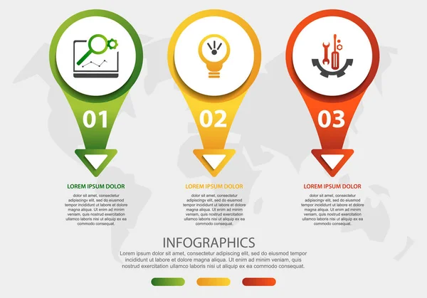 Moderne 3D-Vektorillustration. runde Infografik-Vorlage mit drei Elementen, Symbolen, Pfeilen, Text. entwickelt für Business, Präsentationen, Webdesign, Schulungen, Schnittstellen, Diagramme mit 3 Schritten. — Stockvektor