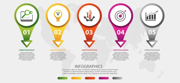 Moderna illustrazione vettoriale 3D. Modello di infografica circolare con cinque elementi, icone, frecce, testo. Progettato per aziende, presentazioni, web design, educazioni, interfacce, diagrammi con 5 passaggi — Vettoriale Stock