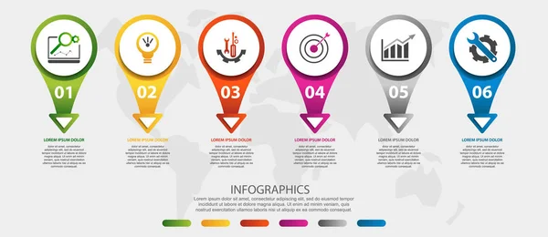 Ilustração vetorial 3D moderna. Modelo de infográfico circular com seis elementos, ícones, setas, texto. Projetado para negócios, apresentações, web design, educações, interfaces, diagramas com 6 etapas —  Vetores de Stock