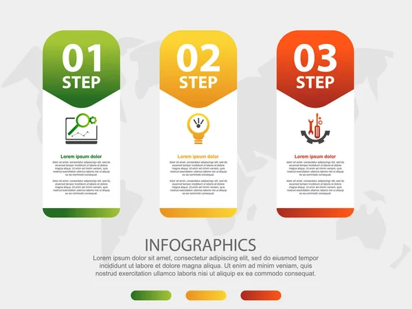 Ilustrace moderního 3D vektoru. Šablona Infographic se třemi prvky, obrázky, obdélníky, ikonami. Navržen pro podnikání, prezentace, návrh webu, aplikace, rozhraní, diagramy se 3 kroky — Stockový vektor