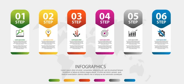 현대 3d 벡터 일러스트입니다. 여섯 개의 요소, 그림, 사각형, 아이콘이 있는 인포 그래픽 템플릿입니다. 비즈니스, 프레젠테이션, 웹 디자인, 응용 프로그램, 인터페이스 및 6 단계로 구성 된 다이어그램을 위한 설계 — 스톡 벡터