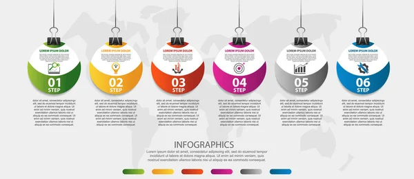 Ilustrace moderního 3D vektoru. Předloha infografických kruhů s šesti prvky, ikonami, klipy. Krok za krokem navržený pro podnikání, prezentace, návrh webu, rozhraní, pracovní postup, diagramy s 6 krokem — Stockový vektor
