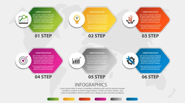 Moderne 3D-Vektorillustration. Zeitachse Prozessdiagramm Infografik Vorlage mit sechs Elementen, Box, Optionen. entwickelt für Business, Banner, Präsentationen, Webdesign, Schnittstellen, Diagramme mit 6 Schritten — Stockvektor