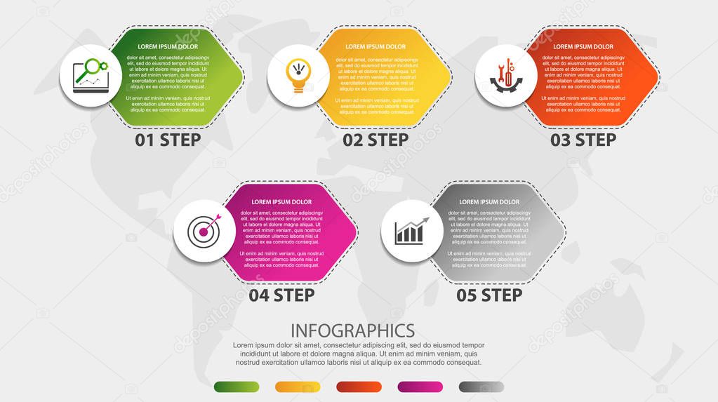 Modern 3D vector illustration. Timeline process chart infographic template with five elements, box, options. Designed for business, banner, presentations, web design, interfaces, diagrams with 5 steps