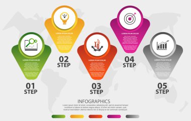 Modern 3d vektör illüstrasyon. Beş öğe, şekiller, dikdörtgenler, simgeler ile Infographic şablonu. İş, sunumlar, web tasarımı, uygulamalar, arayüzler, 5 adımlı diyagramlar için tasarlanmıştır