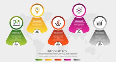 Modern 3d vektör illüstrasyon. Beş öğe, simge ve şekilli dairesel bilgi grafiği şablonu. İş, sunumlar, web tasarımı, uygulamalar, arayüzler, 5 adımlı diyagramlar için tasarlanmıştır