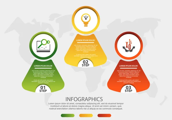 Moderna illustrazione vettoriale 3D. Modello di infografica circolare con tre elementi, icone e figure. Progettato per aziende, presentazioni, web design, applicazioni, interfacce, diagrammi con 3 passaggi — Vettoriale Stock