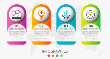 Dört etiket, diyagram, grafik, sunu ve çevreler için vektör infografik 3d şablonu. 4 seçenekli iş konsepti. İçerik, akış şeması, adımlar, parçalar, zaman çizelgesi, iş akışı, grafik için. Eps10